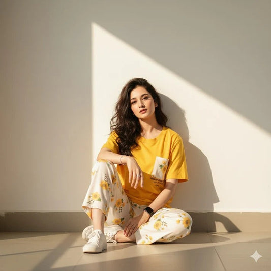Yellow flower printed night suit in premium fabric cotton jarsy