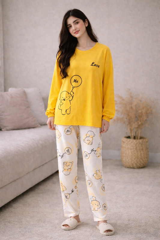 Yellow flower printed night suit in premium fabric cotton jarsy